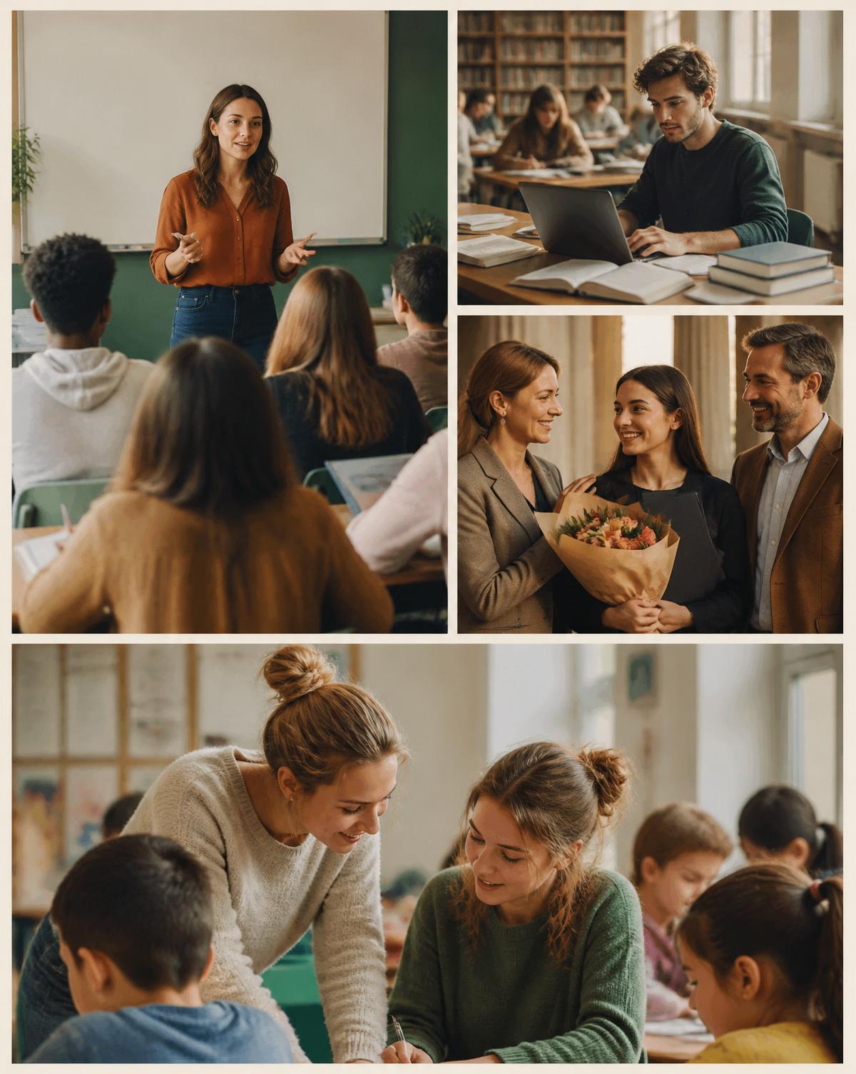 Studenten en docent in een lichte opleidingsruimte, in gesprek rond een tafel.